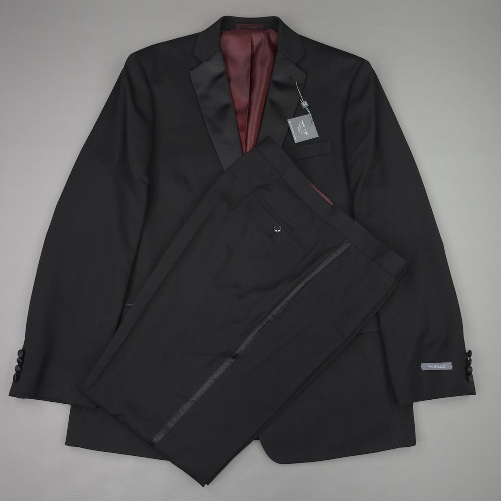 Madison Suit Mens 46L 40x32 Black Tuxedo Poly Rayon 2 Piece Formal Wedding